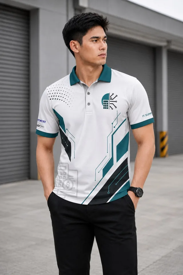 Front view of a white and teal IT support polo design