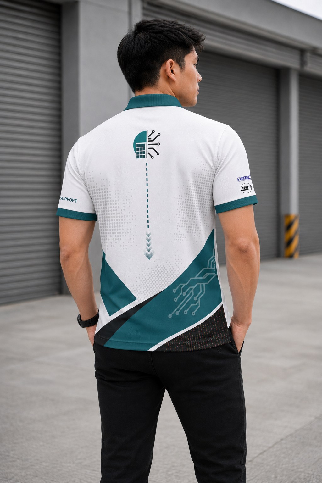 Back view of a white and teal IT support polo design