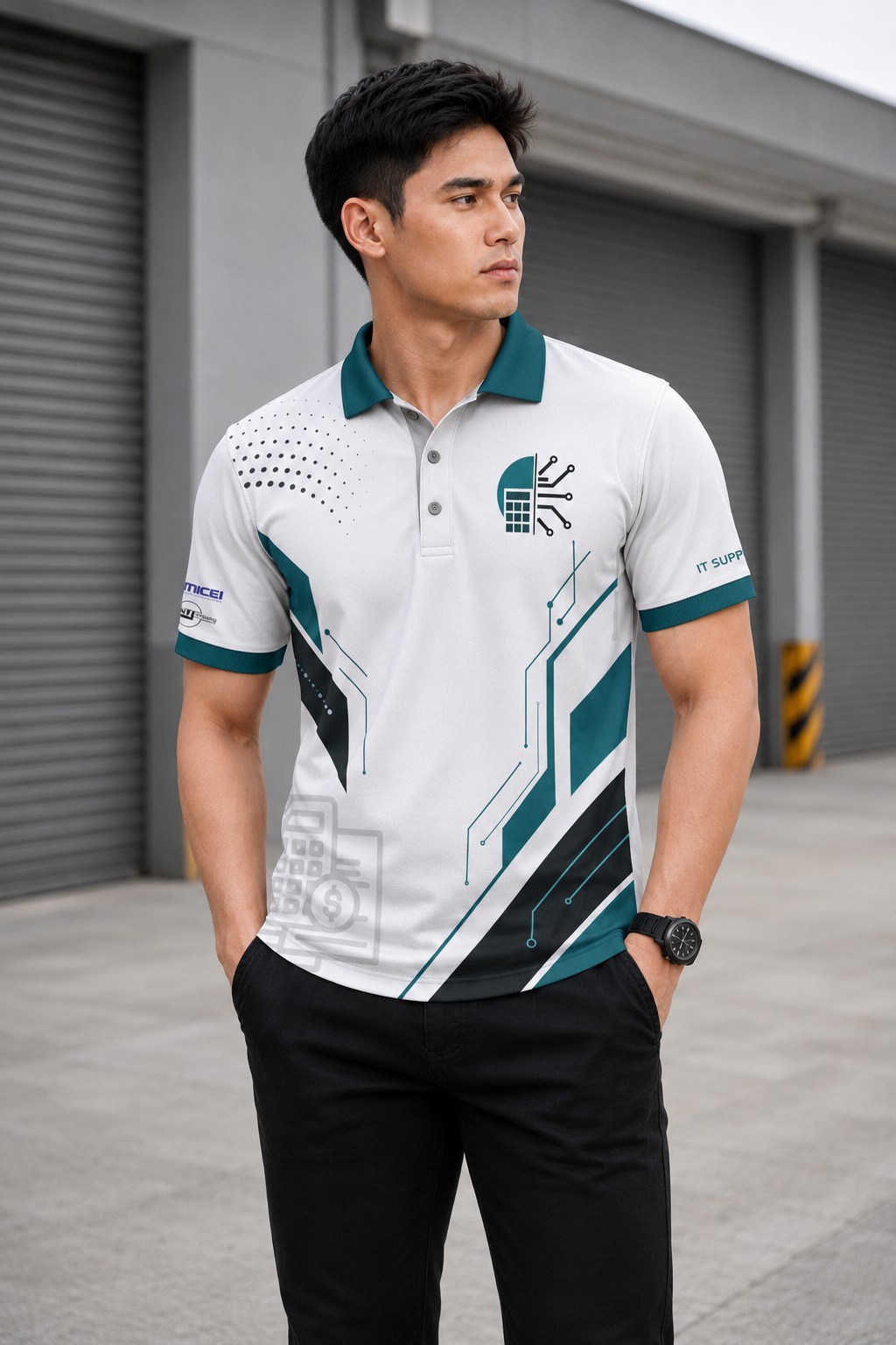 Front view of a white and teal IT support polo design