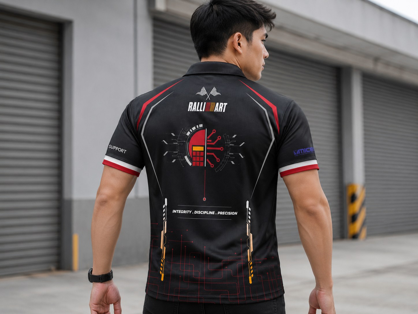 Back view of a black Ralliart motorsport polo design