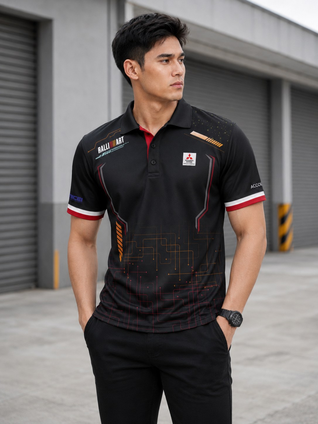 Front view of a black Ralliart motorsport polo design